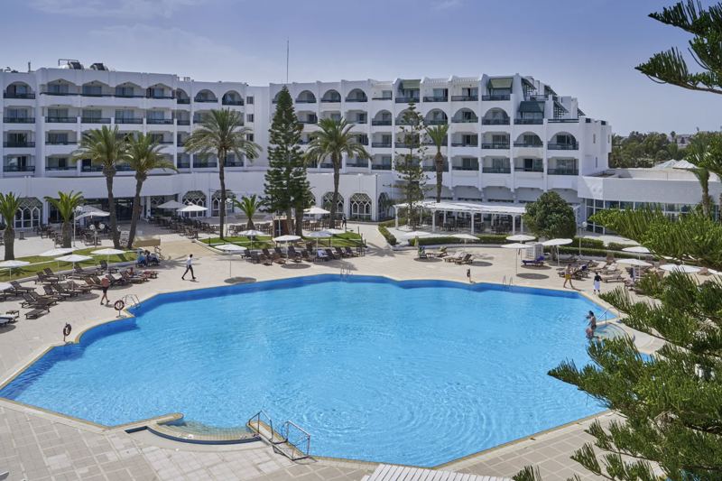 Aerial view of the swimming pool and gardens at El Mouradi Palace, Port El Kantaoui