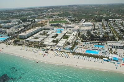 Aerial view of the resort and sandy beach at El Mouradi Club Kantaoui Aerial view of the resort and sandy beach at El Mouradi Club Kantaoui